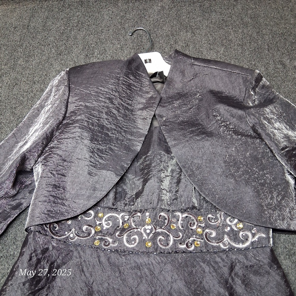 R&M Richards Dress Formal Sz 8 Sillver‎ Gray Sheet Ruffle With Open Jacket Top - Picture 2 of 8